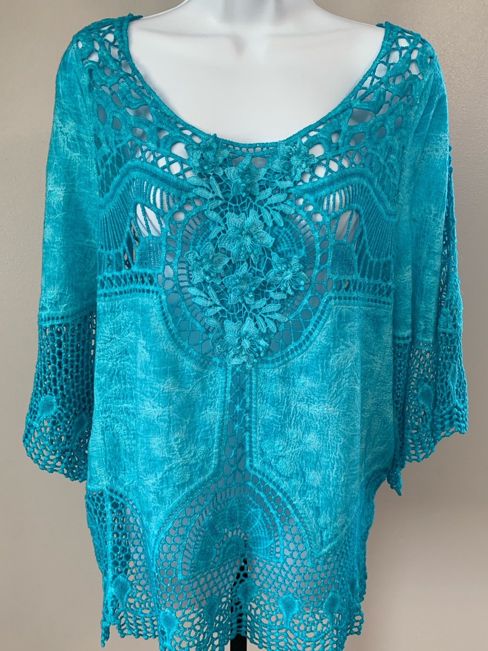 NWOT Aratta Silent Journey Blue Crochet Lace Boho Top